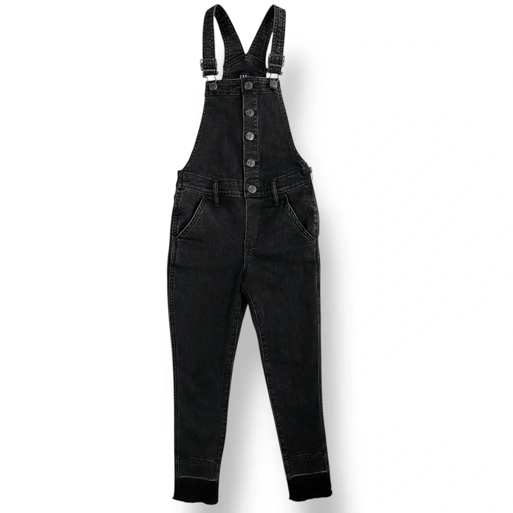 GAP Kids Girls Black Gray Button Front Skinny Raw Hem Denim Jean Overalls M